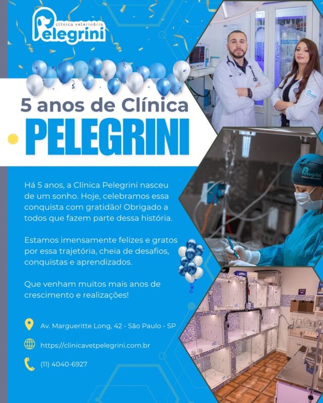🎉 Aniversário de 5 anos da Clínica Pelegrini! 

Fevereiro de 2025 marca um momento muito especial para nós: 5 anos da Clínica Pelegrini!

O que começou como um sonho hoje é uma realidade que cresce a cada dia. Nós da Clínica Pelegrini, estamos imensamente felizes e gratos por essa trajetória, cheia de desafios, conquistas e aprendizados.

Agradecemos a todos que fazem parte dessa história – nossa equipe dedicada, nossos pacientes e tutores que confiam em nosso trabalho. Seguimos firmes no propósito de oferecer excelência na medicina veterinária, sempre com amor e comprometimento!

Que venham muitos mais anos de crescimento e realizações! 🚀🐾💙 #5AnosPelegrini
